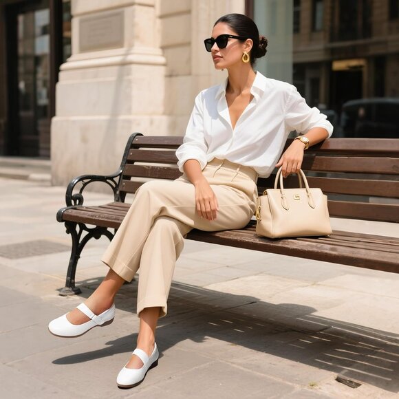 Dream Pairs Women's White Leather Ankle Strap and Arch Support Ballet Flats - Picture 6 of 8